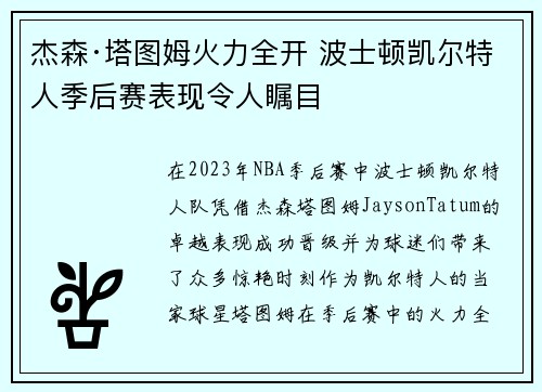 杰森·塔图姆火力全开 波士顿凯尔特人季后赛表现令人瞩目
