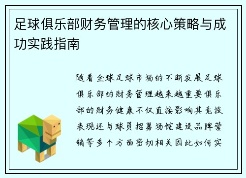 足球俱乐部财务管理的核心策略与成功实践指南