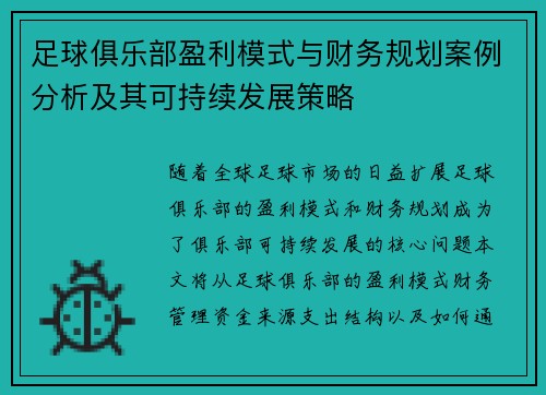 足球俱乐部盈利模式与财务规划案例分析及其可持续发展策略 足球俱乐部盈利模式与财务规划案例分析及其可持续发展策略